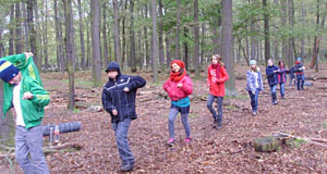 Eine Gruppe von Kindern geht in einer Reihe durch einen Wald, in dem der Boden mit Laub bedeckt ist. Die Bäume sind hoch und mit grünem Laub bedeckt, und die Kinder scheinen auf einem Naturspaziergang oder einem Abenteuer im Freien zu sein.
