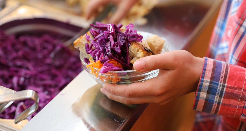 Eine Person in einem karierten Hemd hält eine Glasschale mit Rotkohl und anderem Gemüse an einer Selbstbedienungstheke.
