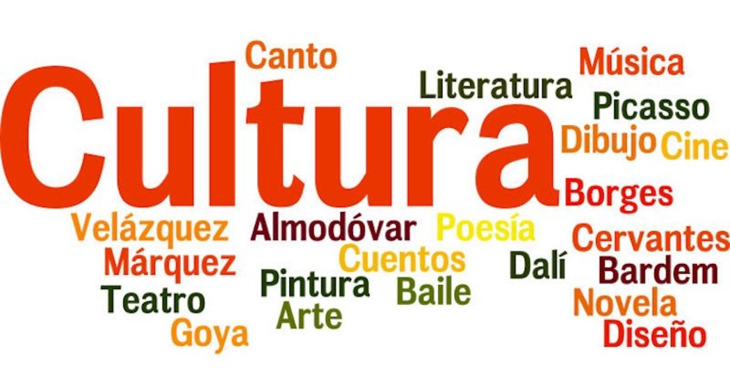 Wortwolke mit dem spanischen Wort Cultura in der Mitte, umgeben von verwandten Wörtern wie Literatura, Música, Cine, Teatro, Arte, Diseño, Pintura und Namen wie Picasso, Borges, Dalí und Goya.